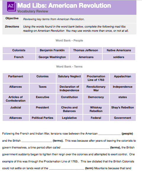 Voary Review Activity Mad Libs Unit 2 New Visions Social Studies