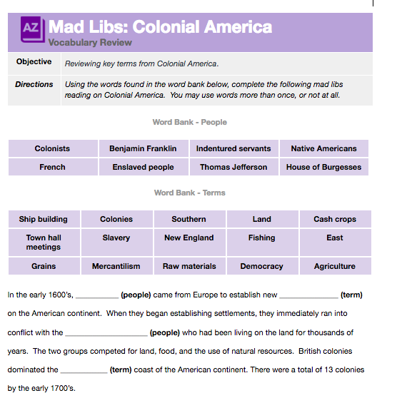 Voary Review Activity Mad Libs Unit 1 New Visions Social Studies