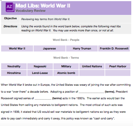 Voary Review Activity Mad Libs Unit 8 New Visions Social Studies